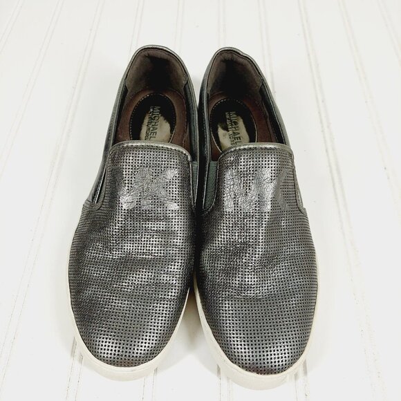 Michael Kors Signature Keaton Gunmetal Silver Leather Sneaker Loafers A20 - Picture 3 of 11